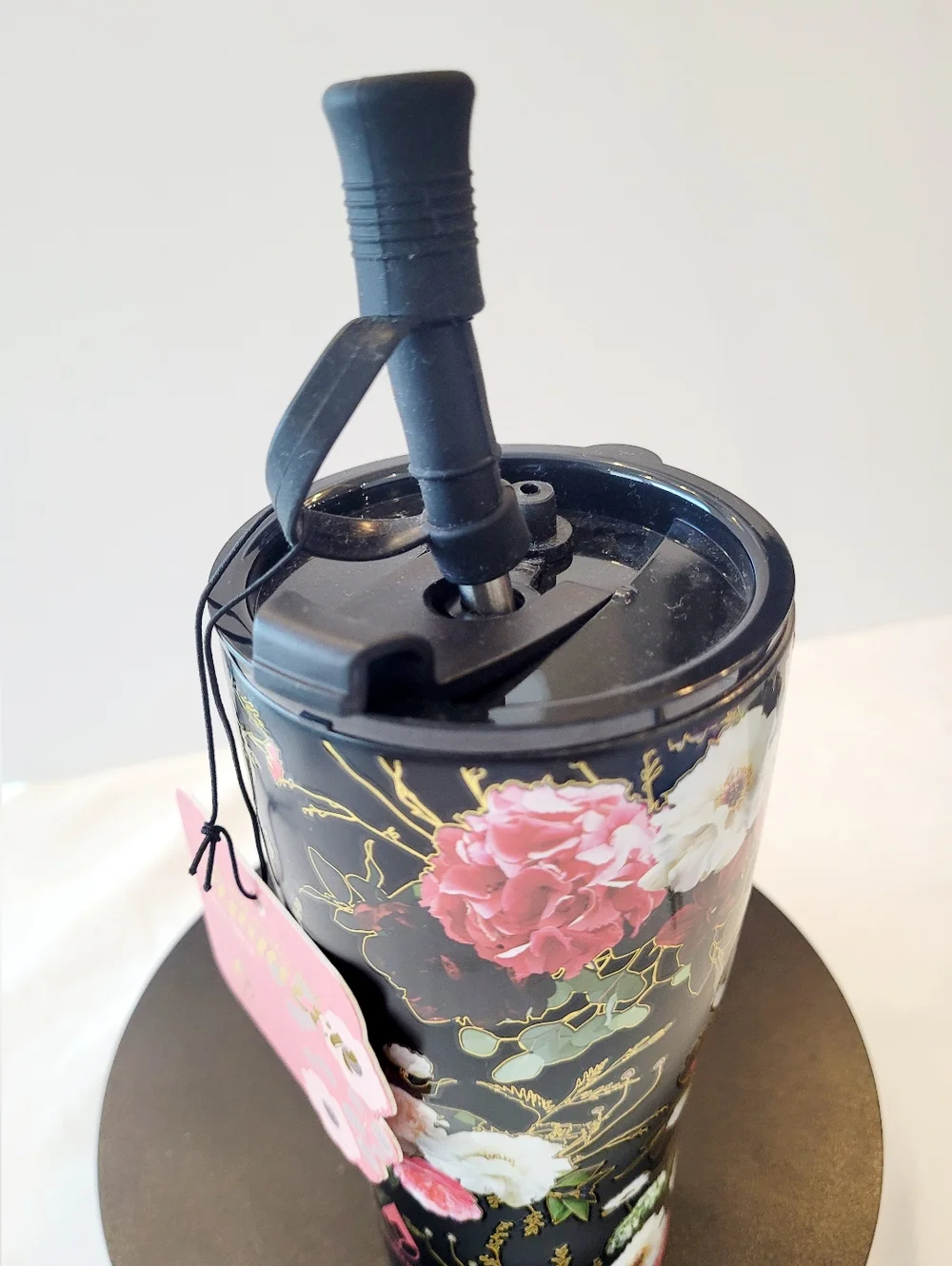 Floral Stainless Tumbler with Straw - Black/Pink Floral - Picture 2 of 6